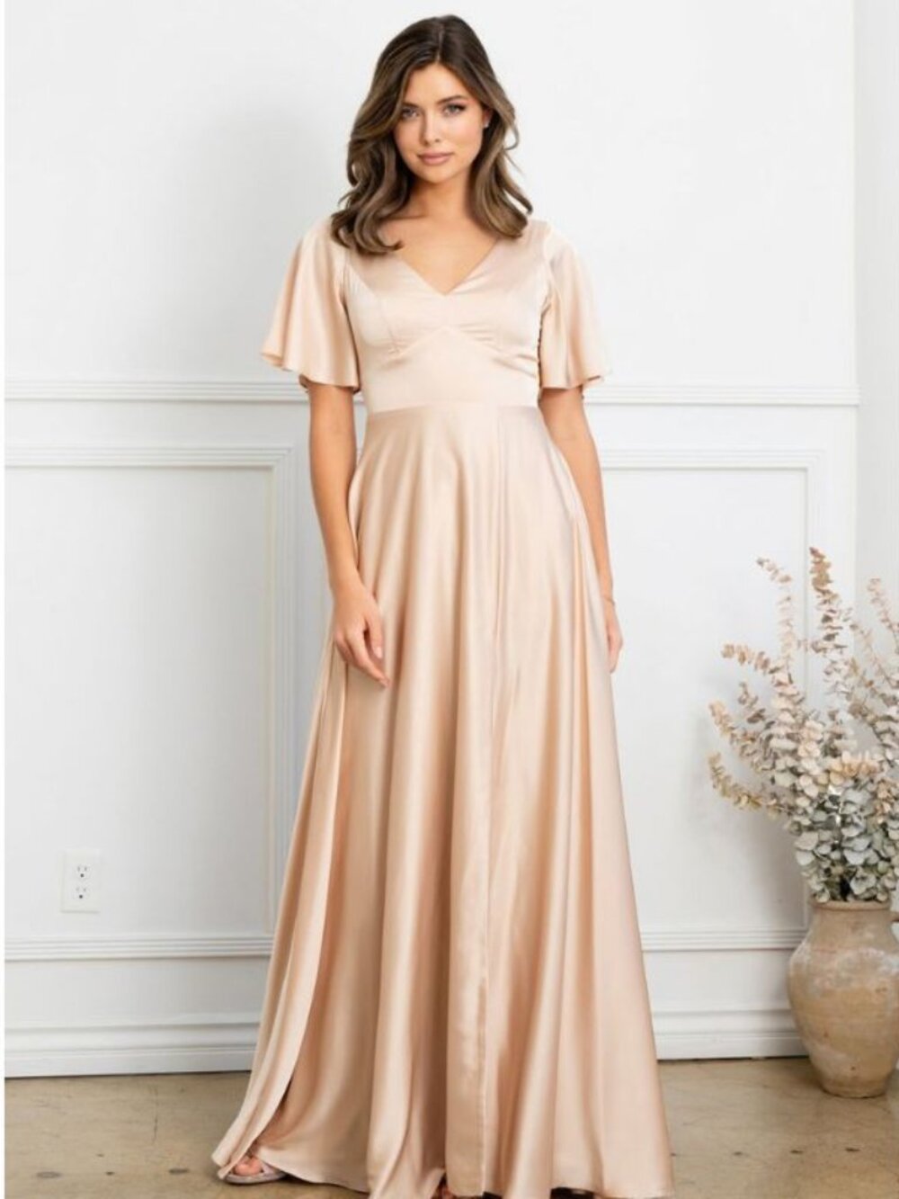 Clearance Champagne Size L A-Line Flutter Sleeves Formal Dress by Eva USA EV352